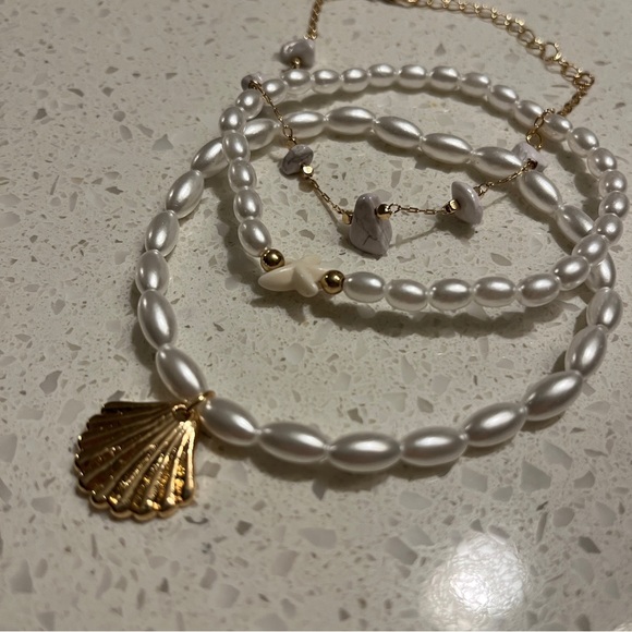 3pcs/Set White Starfish Pearl Beaded Gold Seashell Stone Chain Anklet - Picture 6 of 10